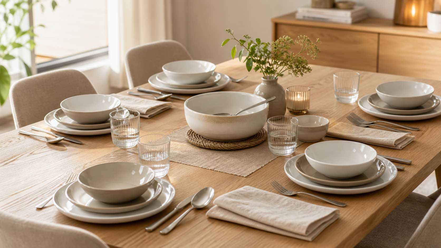 Complete serviesset in wit en taupe op een sfeervol gedekte eettafel