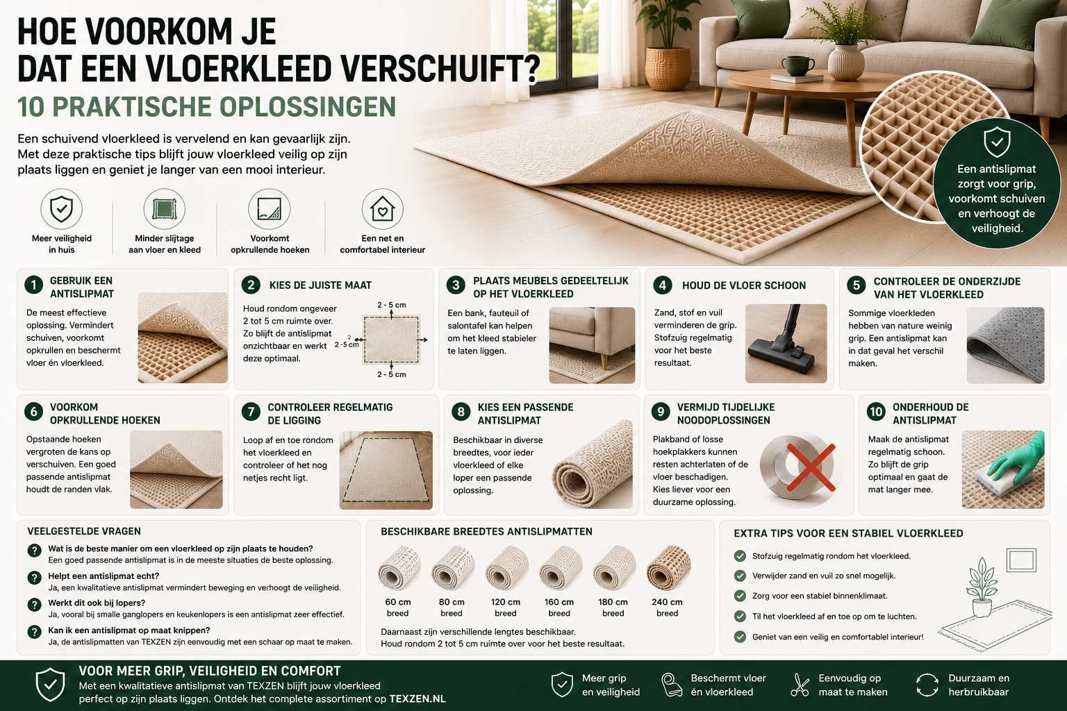 Hoe voorkom je dat een vloerkleed verschuift? 10 praktische oplossingen