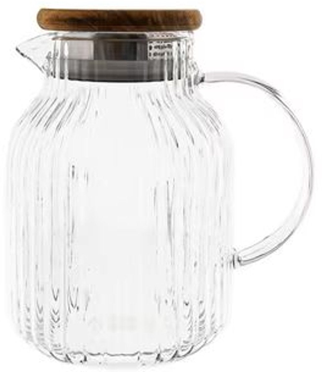 Almina Karaf/Schenkkan met Schenktuit - 1,5 Liter – Glas met Acaciahout Deksel - Geribbeld Design