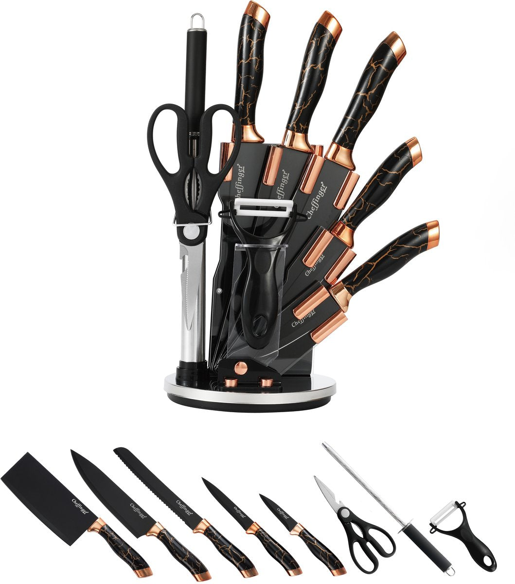 Cheffinger Messenset met Standaard - 9-delig - Zwart / Rosé Goud