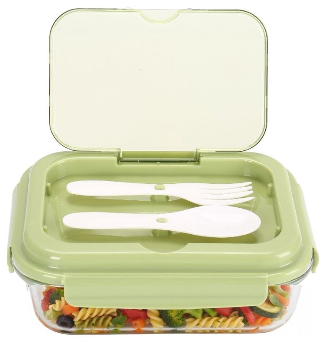 Cheffinger Lunchbox met Bestek - Glas - Groen - Bentobox - Multifunctioneel Voor Werk en School - Meal Prep Bakje