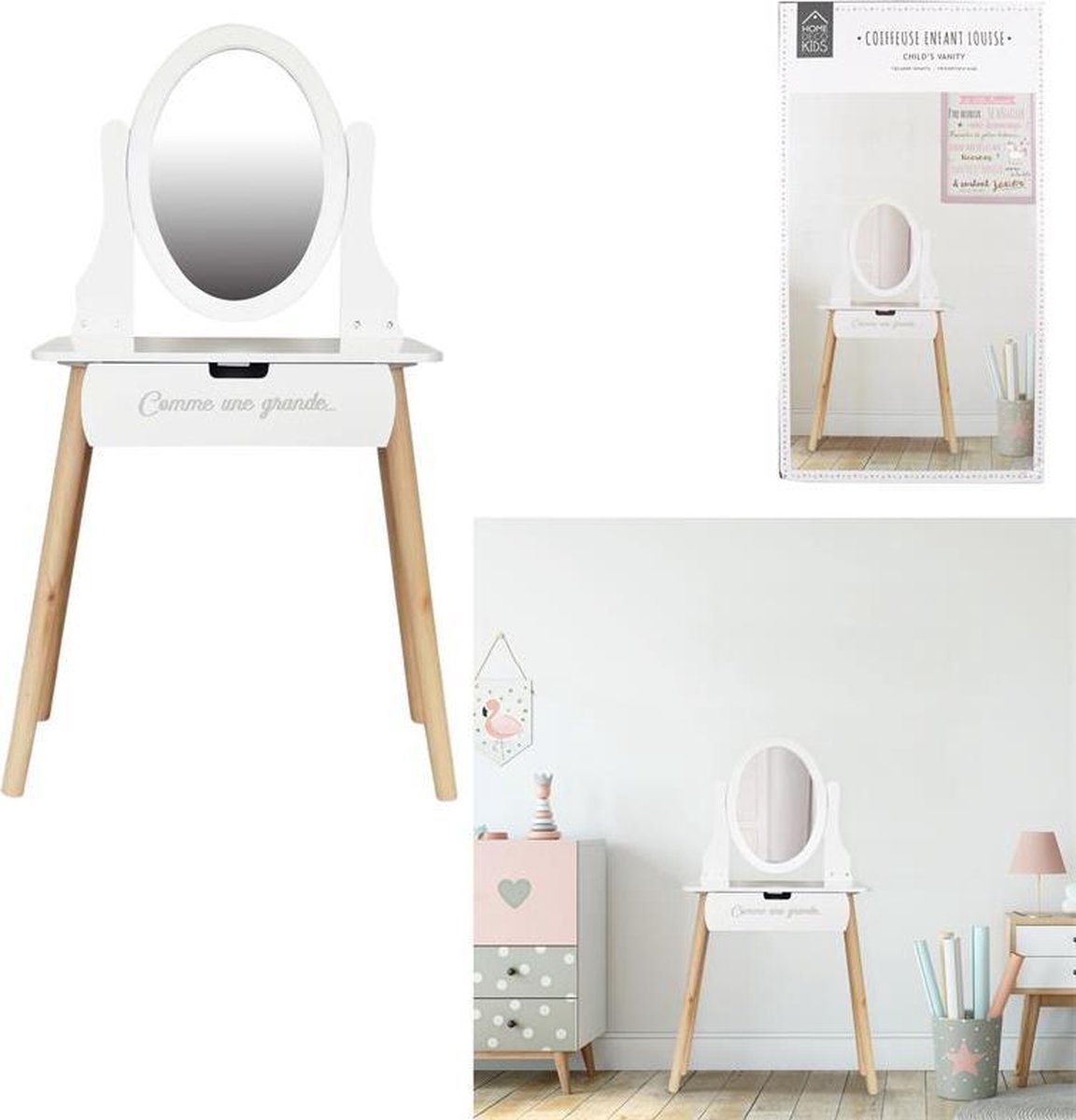 Home Deco Kids - Wooden Dressing Table with Mirror - 109cm High - White - Make-Up Table