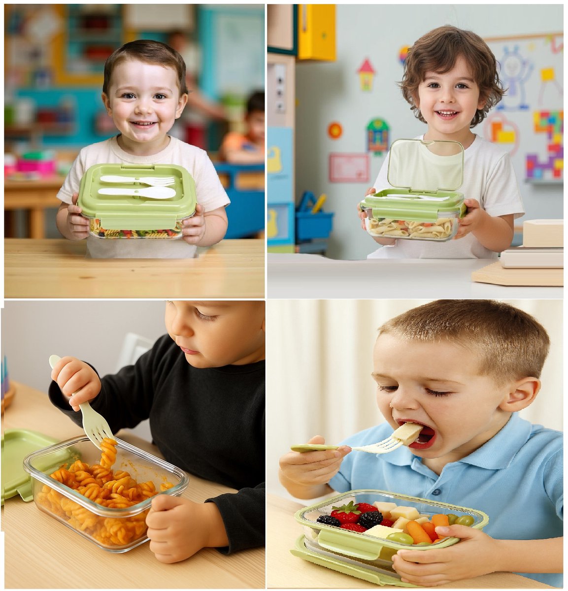 Cheffinger Lunchbox met Bestek - Glas - Groen - Bentobox - Multifunctioneel Voor Werk en School - Meal Prep Bakje