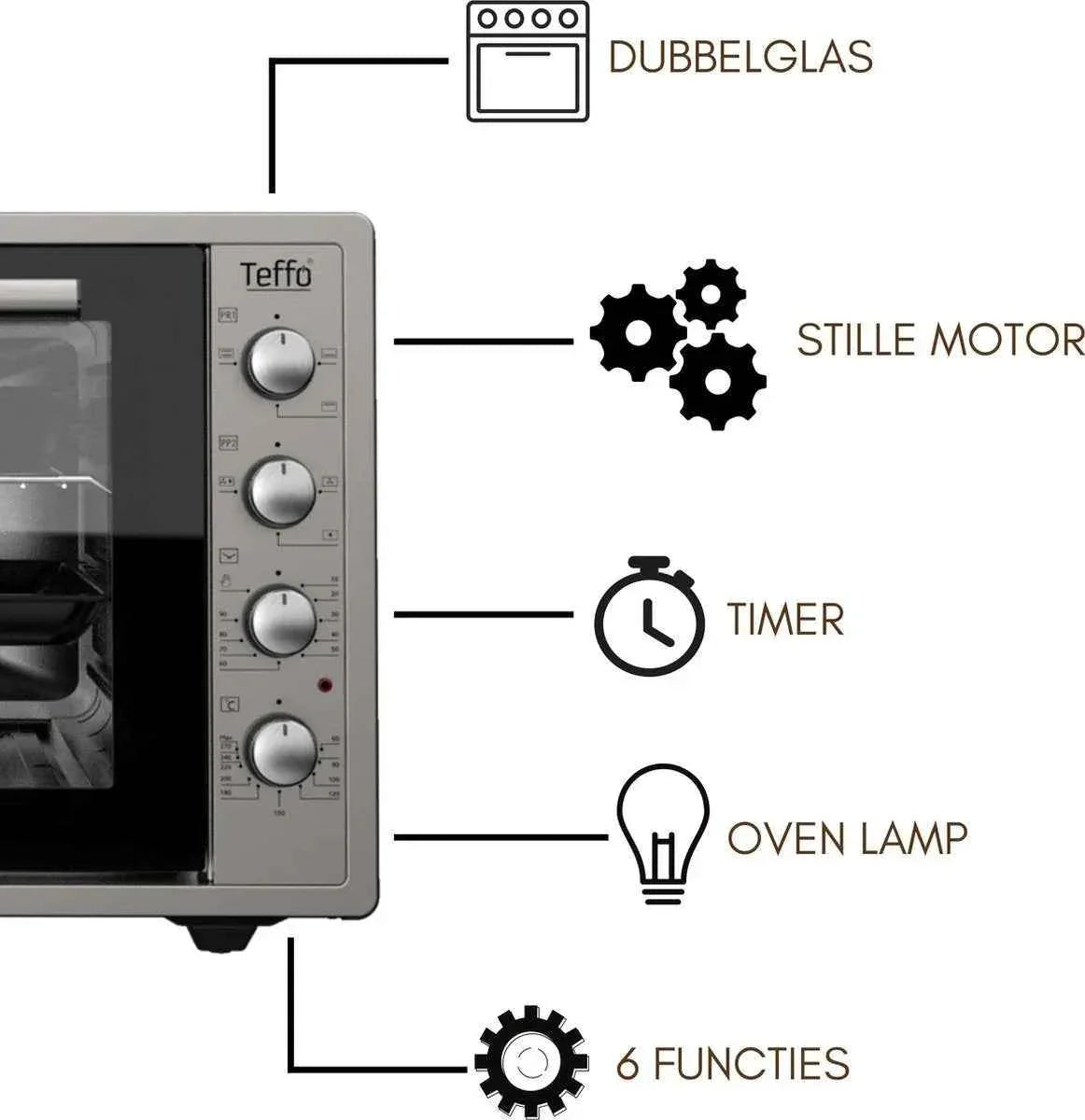 Teffo Vrijstaande Oven - XXL Pro - 70L - Elektrische Oven - Grijs - TEKZEN