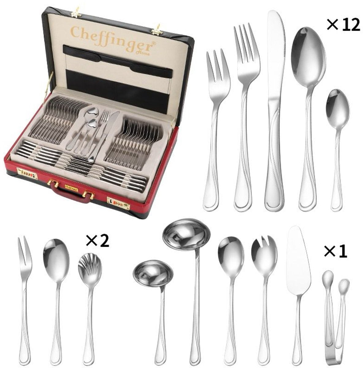 Cheffinger Bestekset incl. Koffer - 72-delig - Zilver - RVS