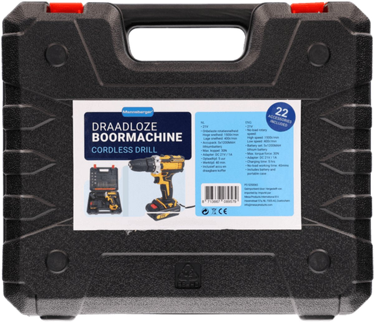 Mannsberger Akku-Bohrschrauber 21V – Inklusive 22 Zubehörteilen, Akku, LED-Beleuchtung und Koffer