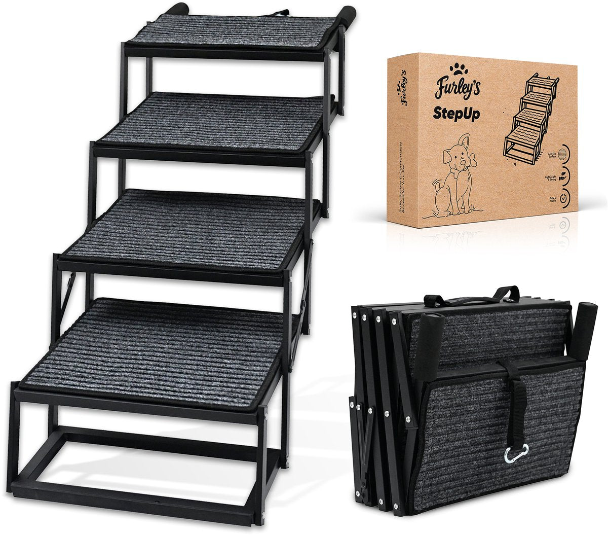 Furley's Opvouwbare Hondenloopplank – Inklapbare Hondentrap & Loopplank voor Auto – Antislip & Veilig – Aluminium – 160 cm – 70 kg Draagkracht – Voor Grote & Kleine Honden