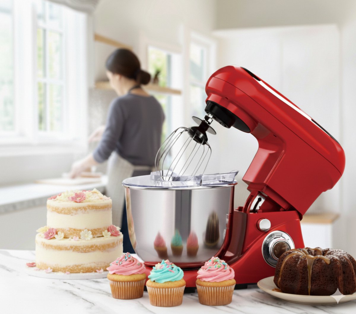 Cheffinger Keukenmixer - Rood - 6.5L Mengkom - Keukenrobot - 3 Accessoires - Keukenmachine - 1600W