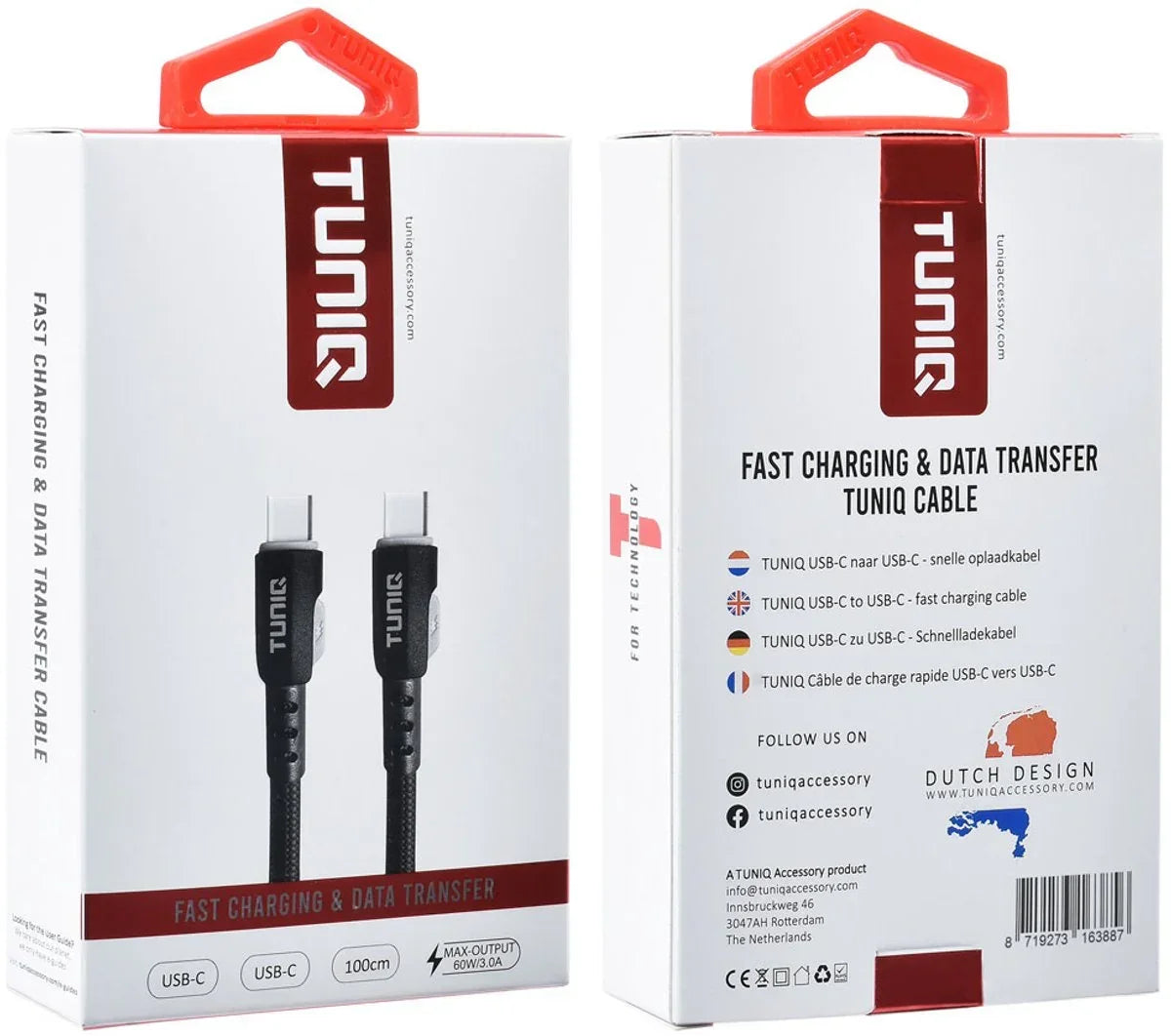 TUNIQ USB-C-zu-USB-C-Kabel – 100 cm – Schnellladekabel – Schwarz
