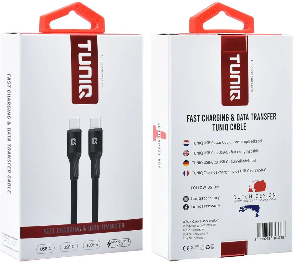 TUNIQ USB-C naar USB-C Kabel - 100cm - Snelle Oplaadkabel - Zwart - TEKZEN
