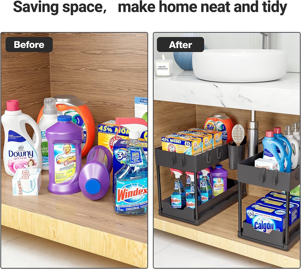 Nexxt Keukenkast Organizer - 2 Lagen - Rek met Uitschuifbare Lade - Inclusief Haakjes en Bakjes – Gootsteen Organizer - Zwart