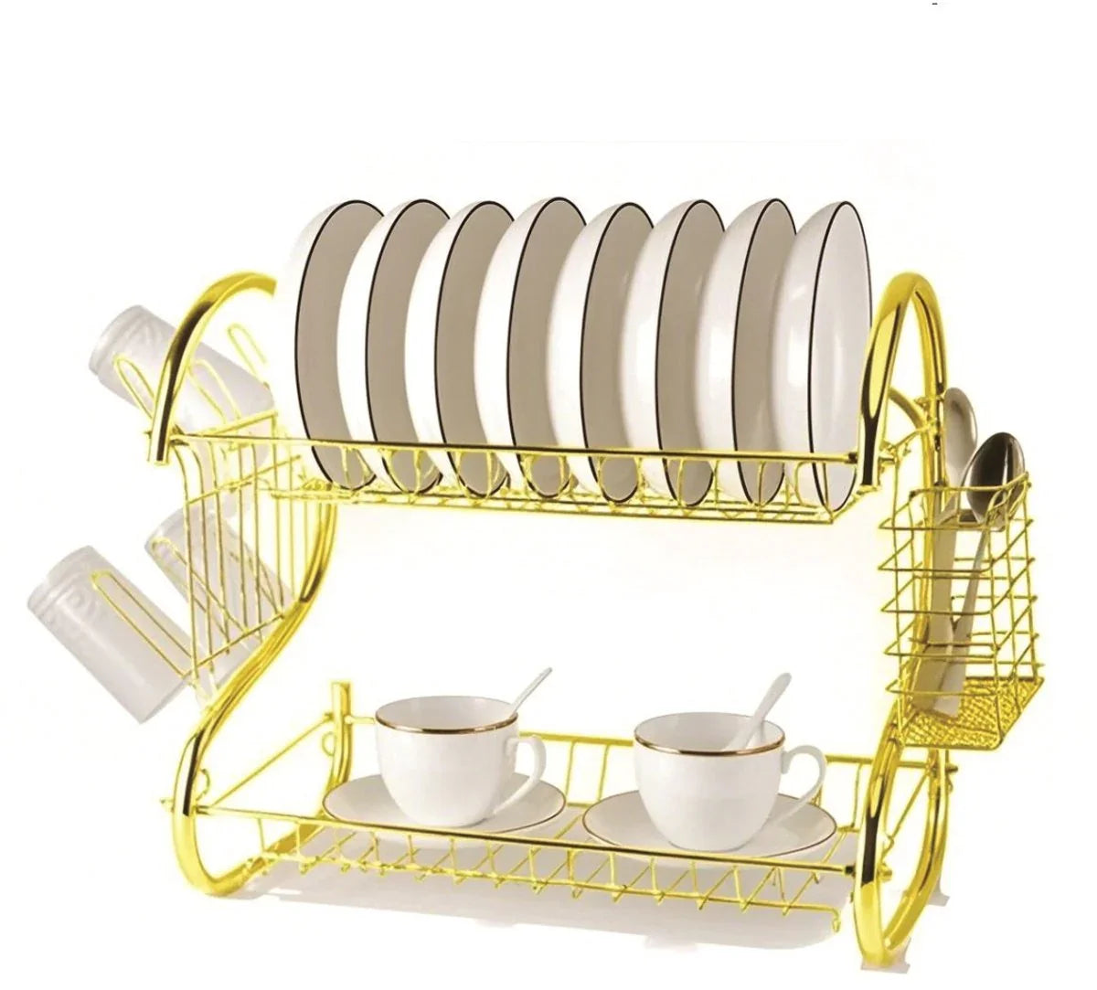 Cheffinger Dish Draining Rack with Drip Tray - 2-Tier - Gold - Dish Draining Rack Drying Rack with Cutlery Basket