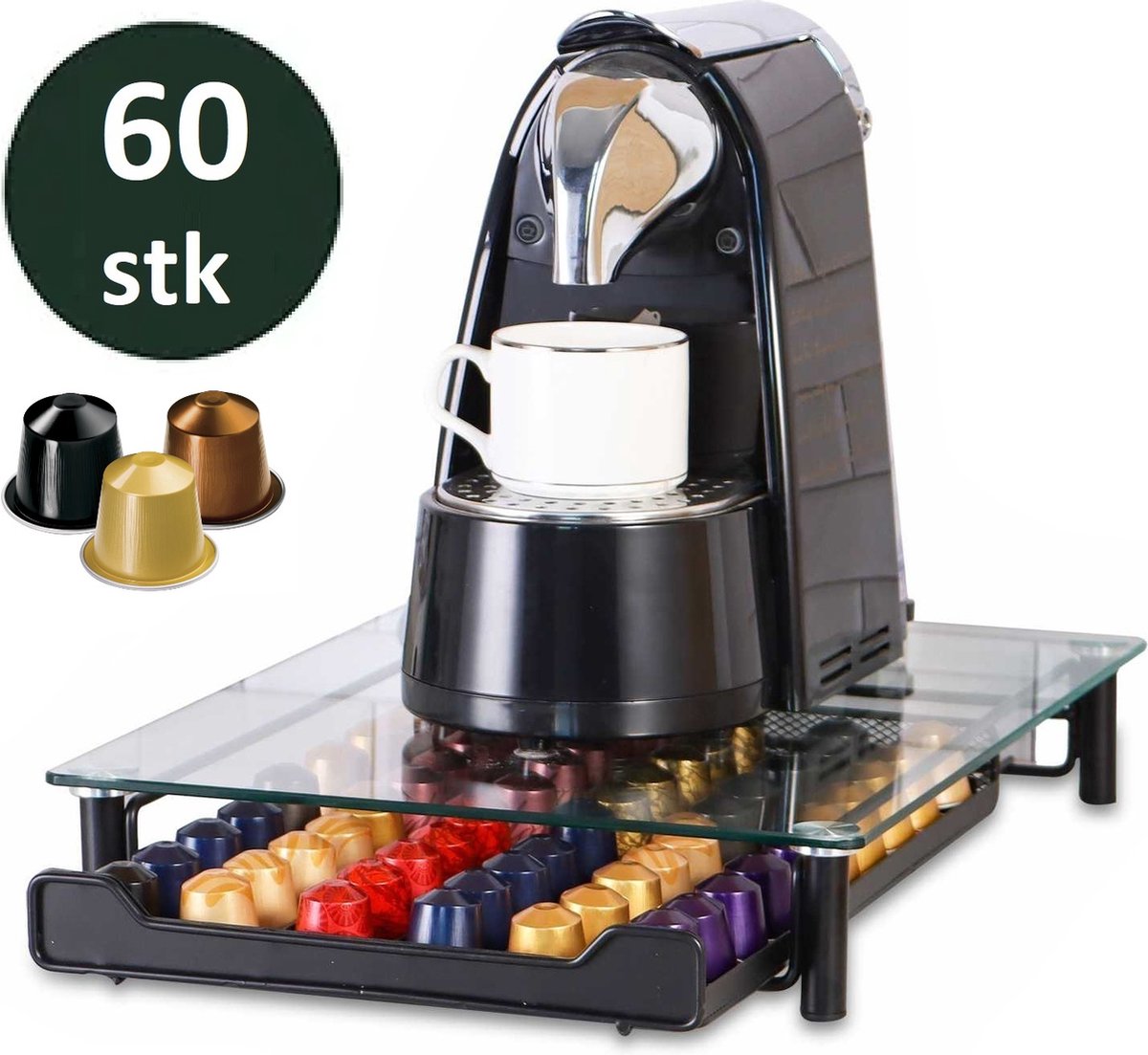 Cheffinger - Nespresso Capsulehouder met Lade - Glas - 60 Cups - Espresso Koffie Pad en Cups Houder - Glas en RVS - Zwart