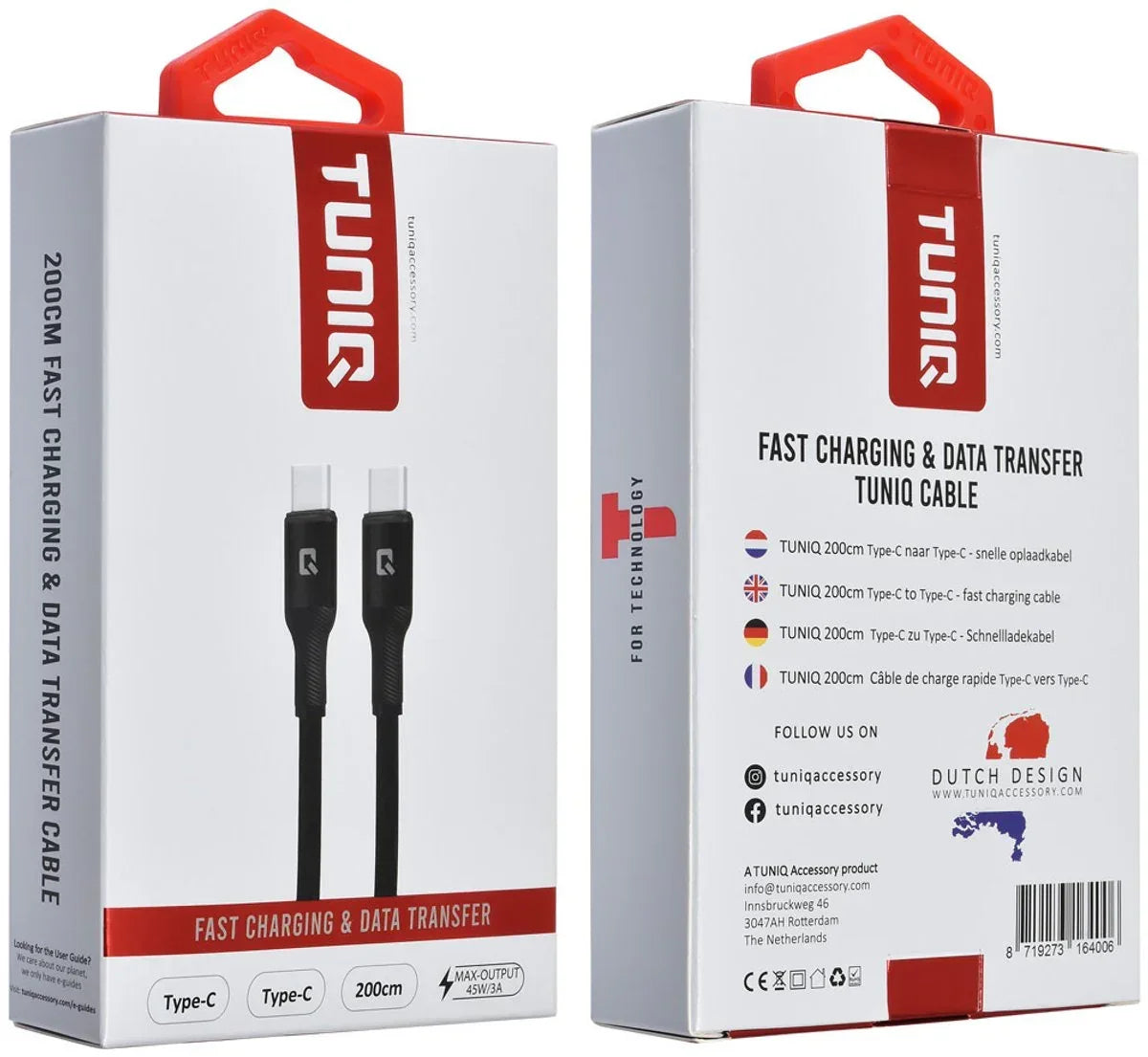 TUNIQ USB-C-zu-USB-C-Kabel – 200 cm – Schnellladekabel – Schwarz