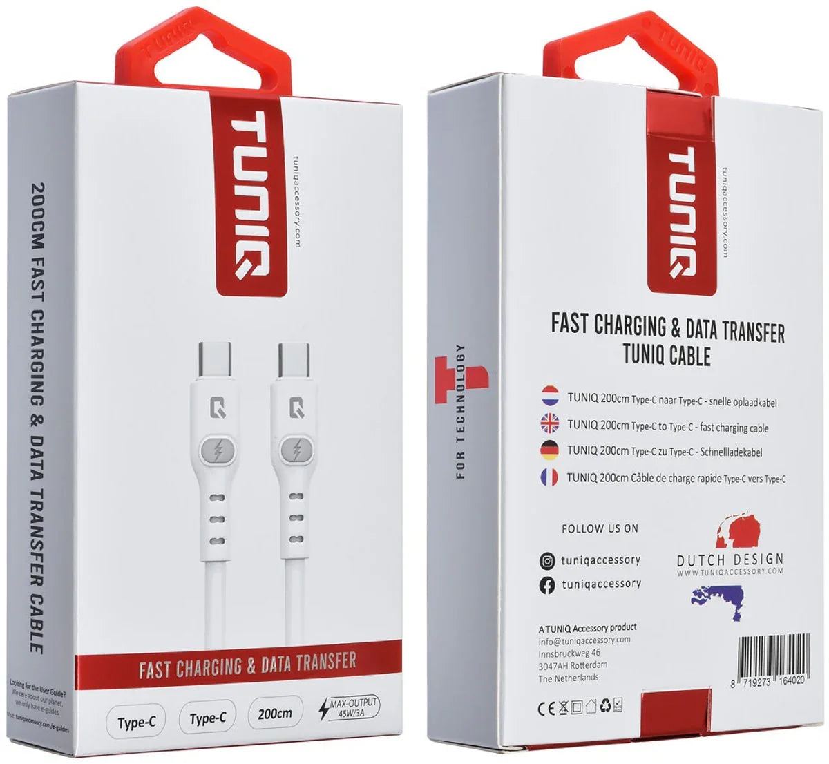 TUNIQ USB-C naar USB-C Kabel - 200cm - Snelle Oplaadkabel - Wit