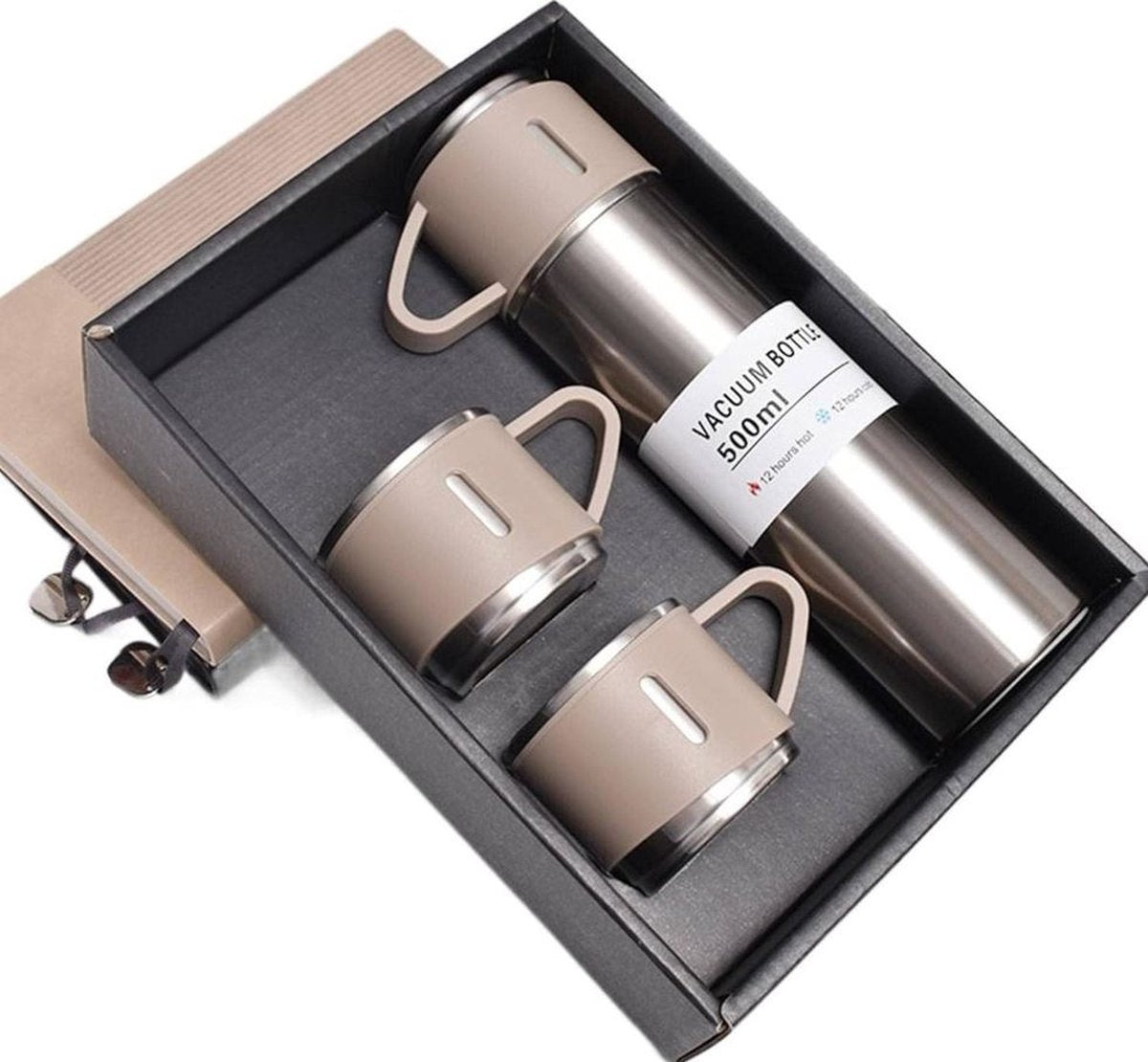 Hauskraft Thermosfles Set met 3 Bekers - 500ml - Zilver/Taupe - Koffie-to-go Beker