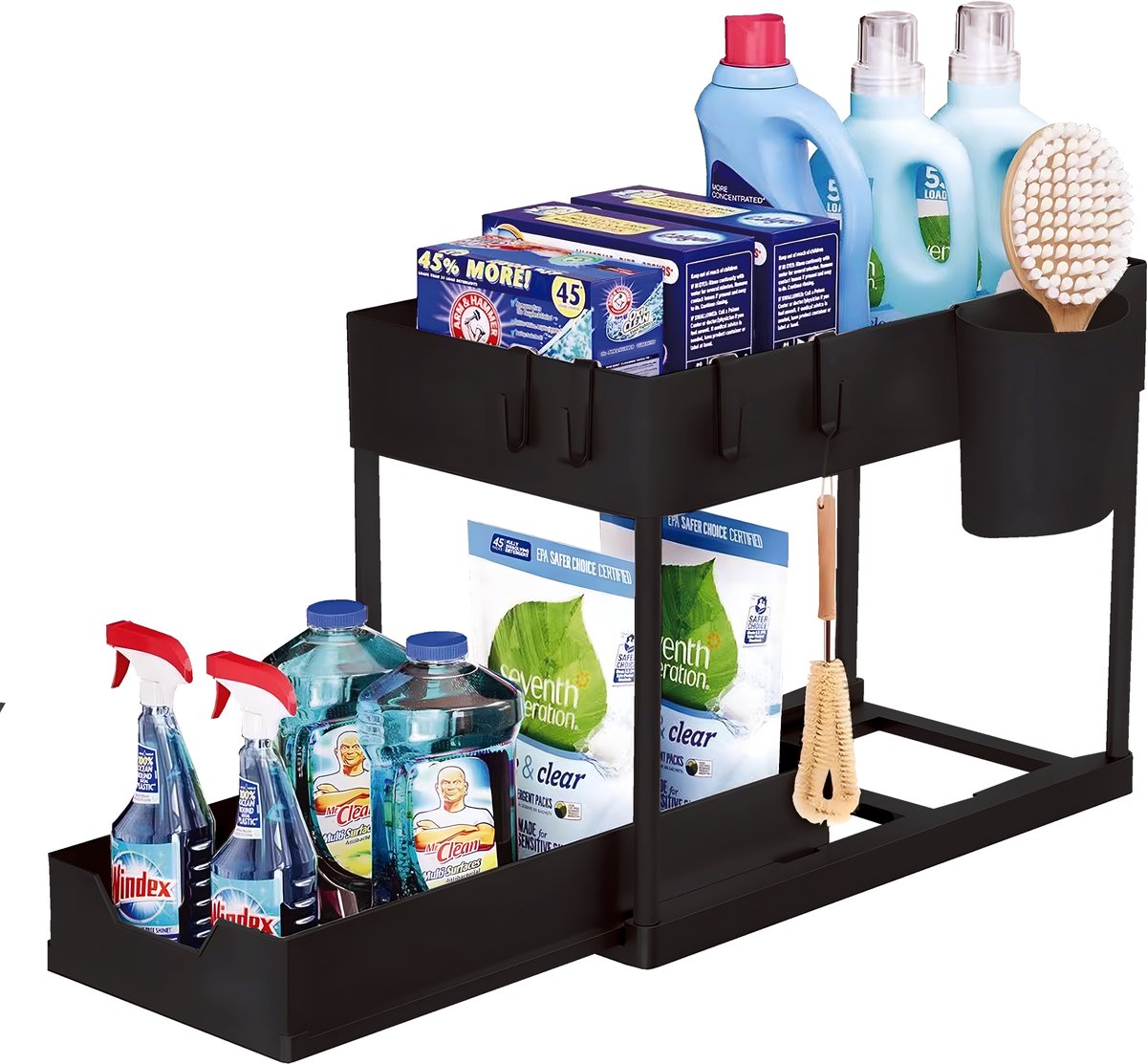 Nexxt Kitchen Cabinet Organizer - 2 Tiers - Rack with Pull-Out Drawer - Includes Hooks and Trays - Sink Organizer - Black