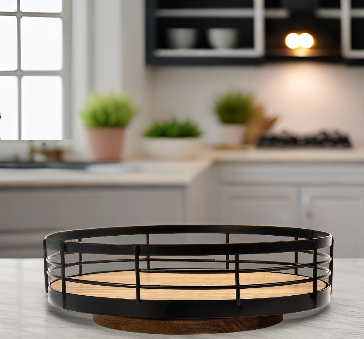 Cheffinger Draaiplateau - 26cm - Keuken Organizer - Keukenrek - kruidenrek - Roteerbaar - Zwart - Hout