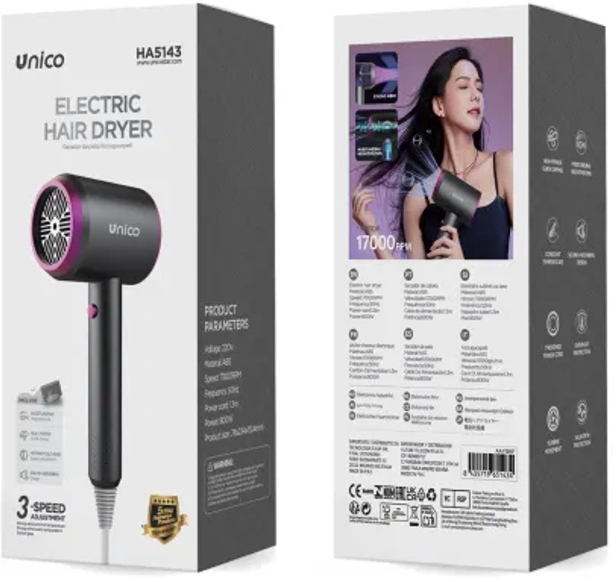 Unico Professionele Föhn 800W – Krachtige Digitale Haardroger met Ionentechnologie & Diffuser