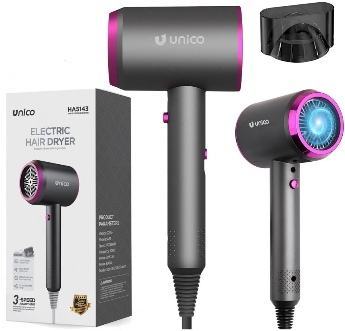 Unico Professionele Föhn 800W – Krachtige Digitale Haardroger met Ionentechnologie & Diffuser