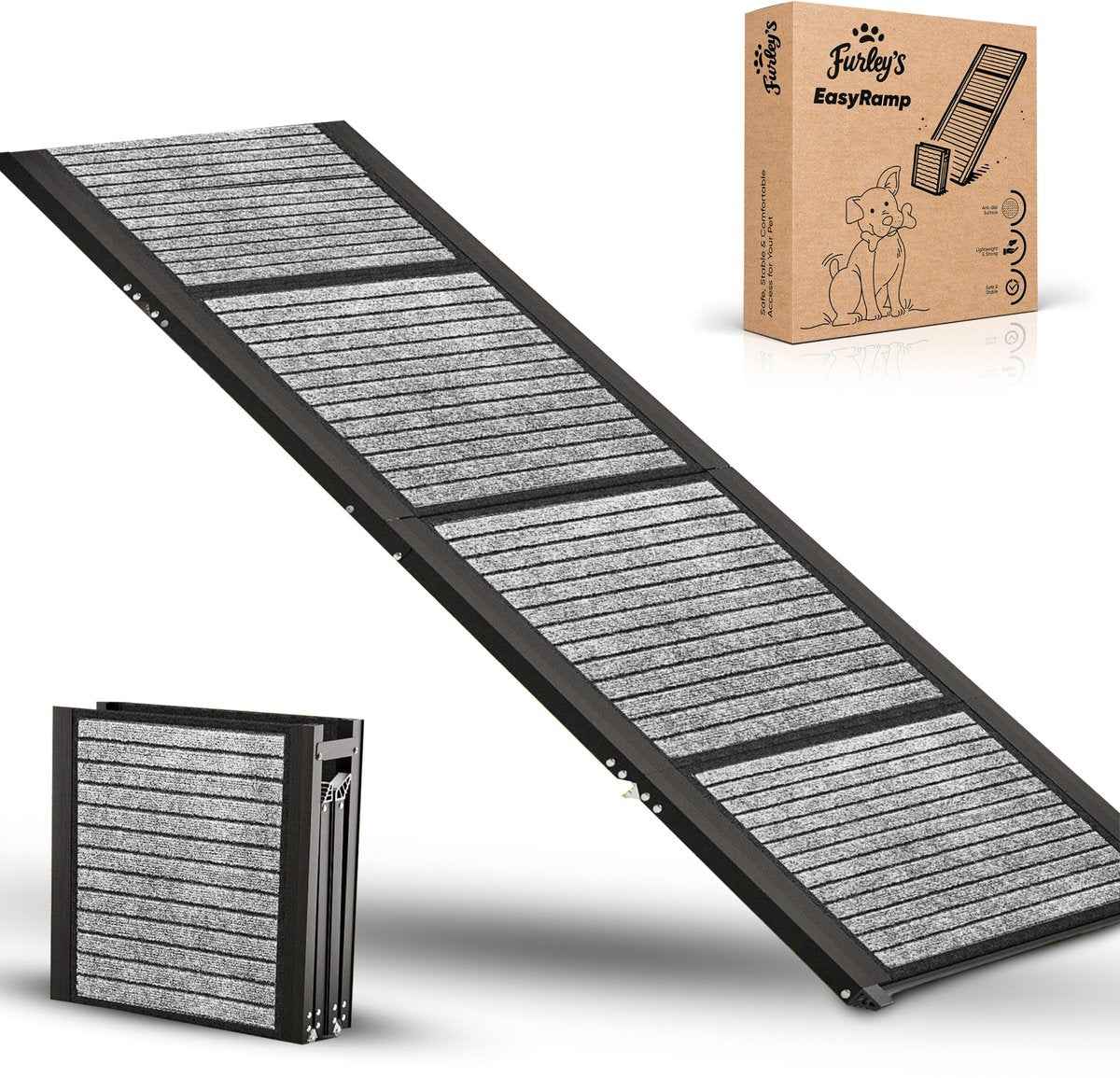 Furley's Opvouwbare Hondenloopplank van Furley’s – Inklapbare Hondentrap & Loopplank voor Auto – Antislip & Veilig – Aluminium – 160 cm – 70 kg Draagkracht – Met Bevestiging – Voor Grote & Kleine Honden