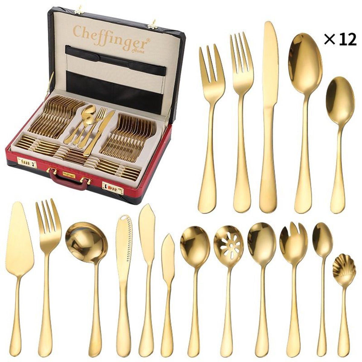 Cheffinger Bestekset incl. Koffer - 72-delig - Goud - RVS