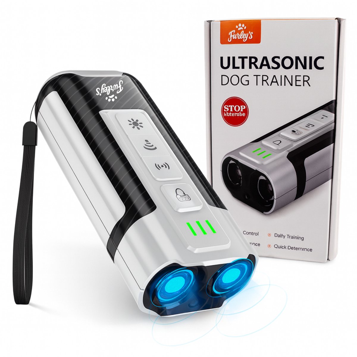 Furley’s Anti Blaf Apparaat – Diervriendelijk Alternatief voor Anti Blafband – 4-in-1 Ultrasoon Hondentrainer – Zonder Schok – Geluid, Ultrasoon & LED – USB-C Oplaadbaar – Voor Kleine & Grote Honden – Bereik 7m – Grijs