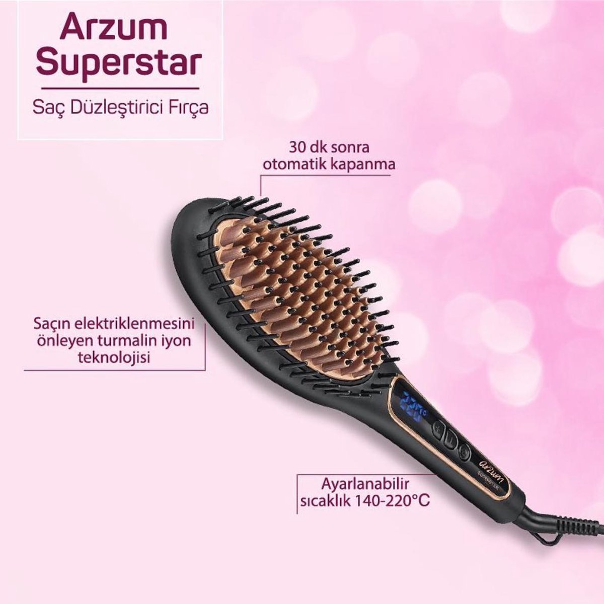 Arzum Superstar AR5036 - Styling Brush - Black/Copper - LED Display - Ceramic Coating - Tourmaline Ion Technology - 140-220°C - 53W