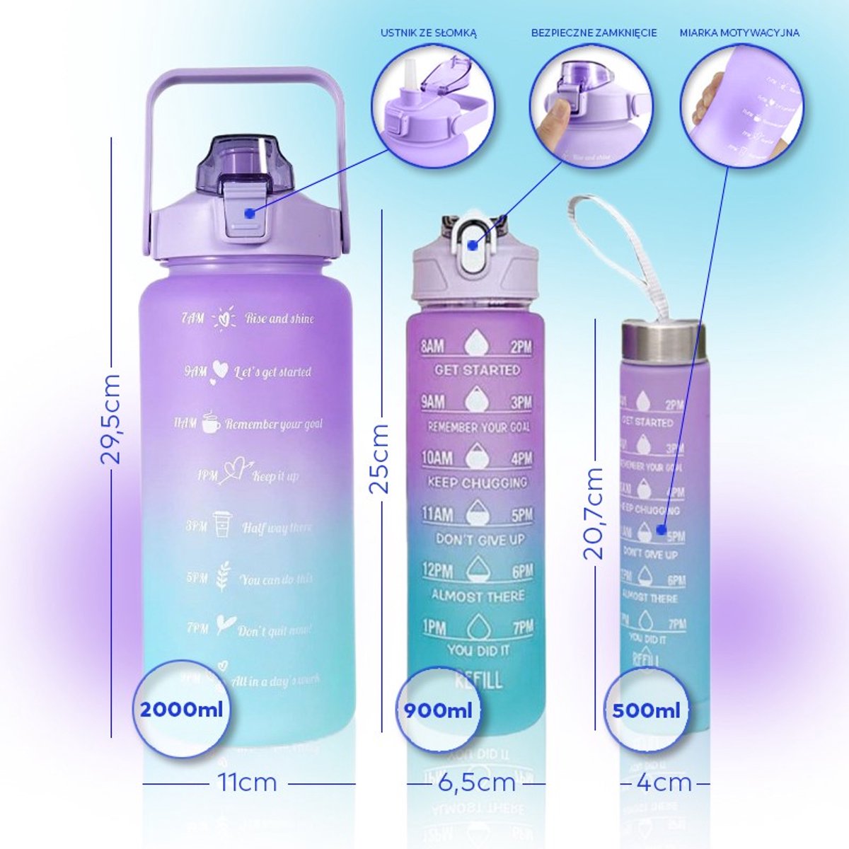 Hauskraft Motivational Water Bottle - 3-Piece Set - Purple/Turquoise - Drinking Bottle - Water Bottle with Straw - Water Bottle with Time Marker - 2L, 900ml, 500ml