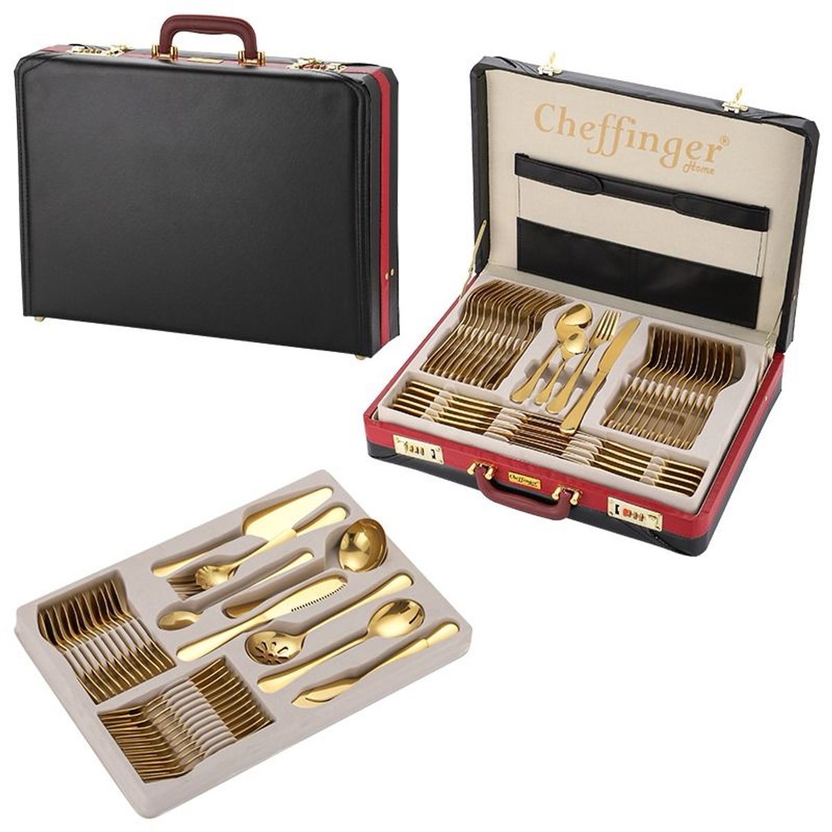 Cheffinger Bestekset incl. Koffer - 72-delig - Goud - RVS