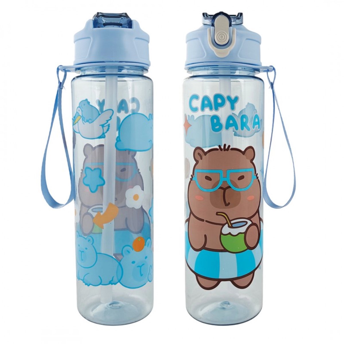 Hauskraft Capybara Water Bottle - 800ml - Blue - Drinking Bottle - Water Bottle with Straw