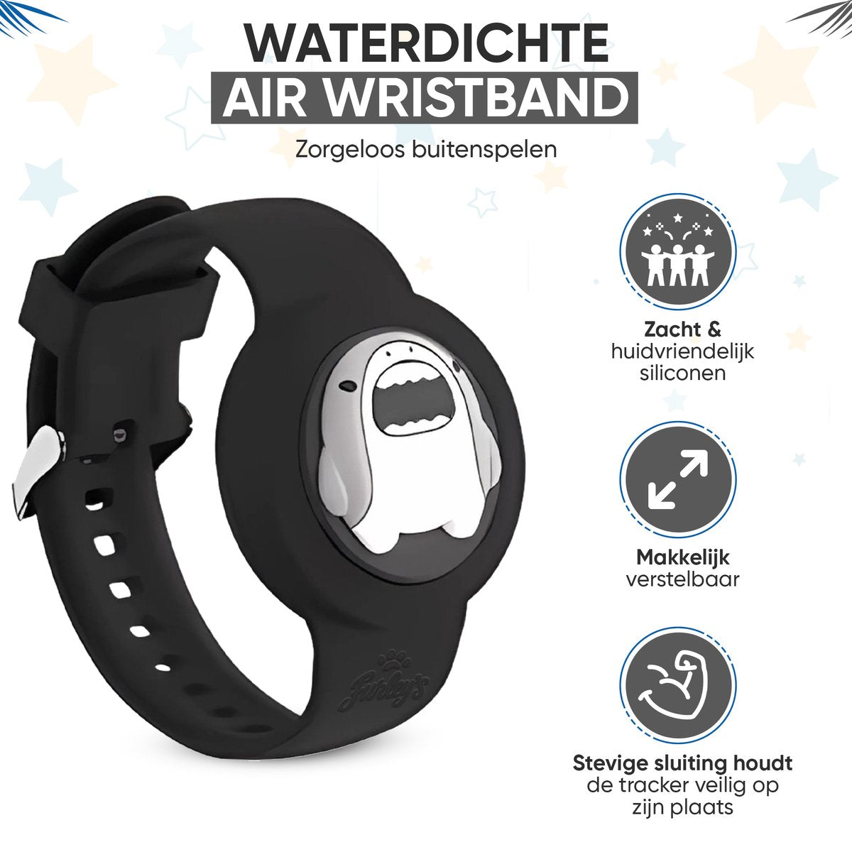 Furley’s Waterdichte Armband voor Kinderen – Geschikt voor Apple AirTag – Verstelbare Siliconen Band – Veilig & Comfortabel – Zwarte Haai