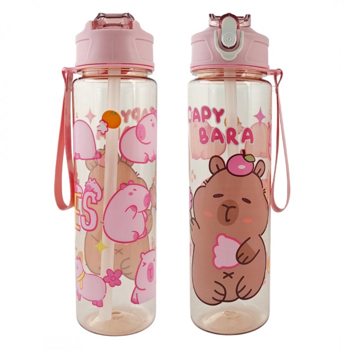 Hauskraft Capybara Water Bottle - 800ml - Pink - Drinking Bottle - Water Bottle with Straw