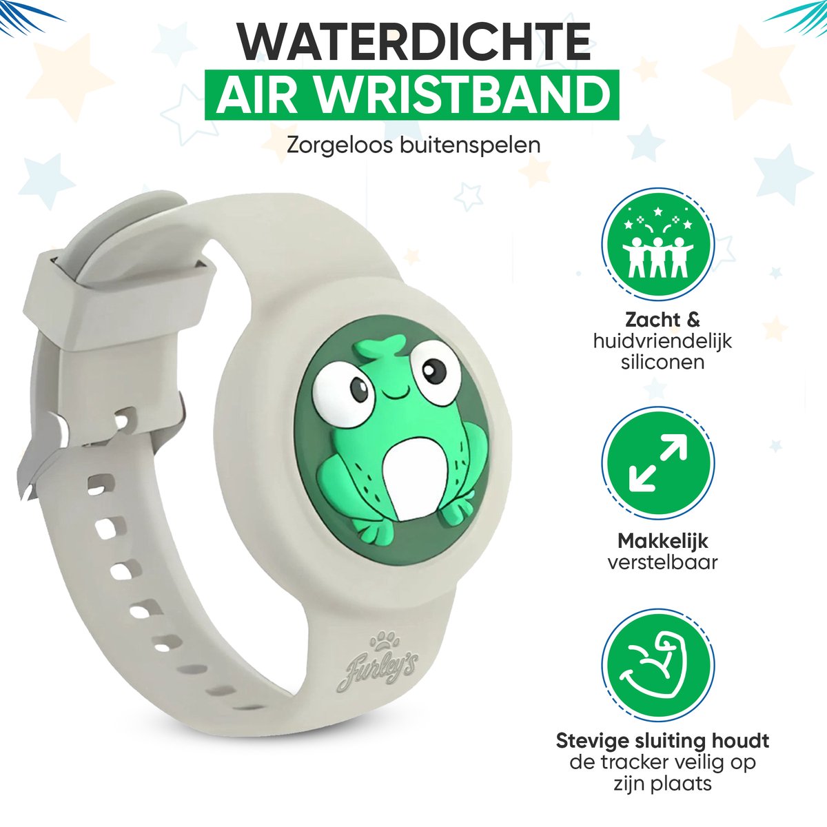 Furley’s Waterdichte Armband voor Kinderen – Geschikt voor Apple AirTag – Verstelbare Siliconen Band – Veilig & Comfortabel – Grijze Kikker