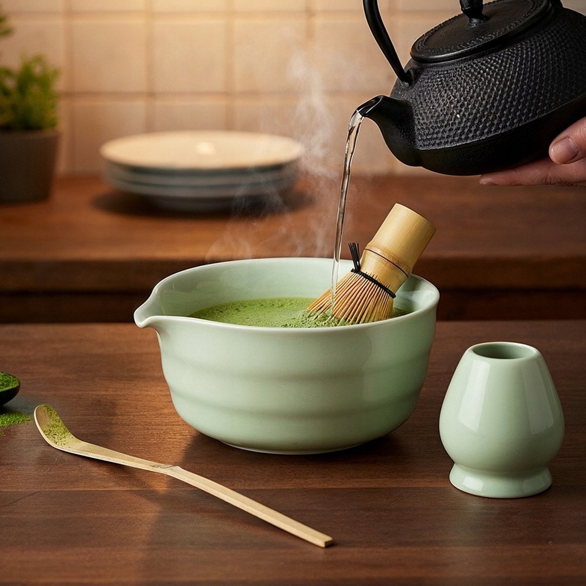 Orion Luxus-Matcha-Set – 4-teilig – Matcha-Besen (Keramik und Bambus) – Halter – Löffel – Matcha-Tee