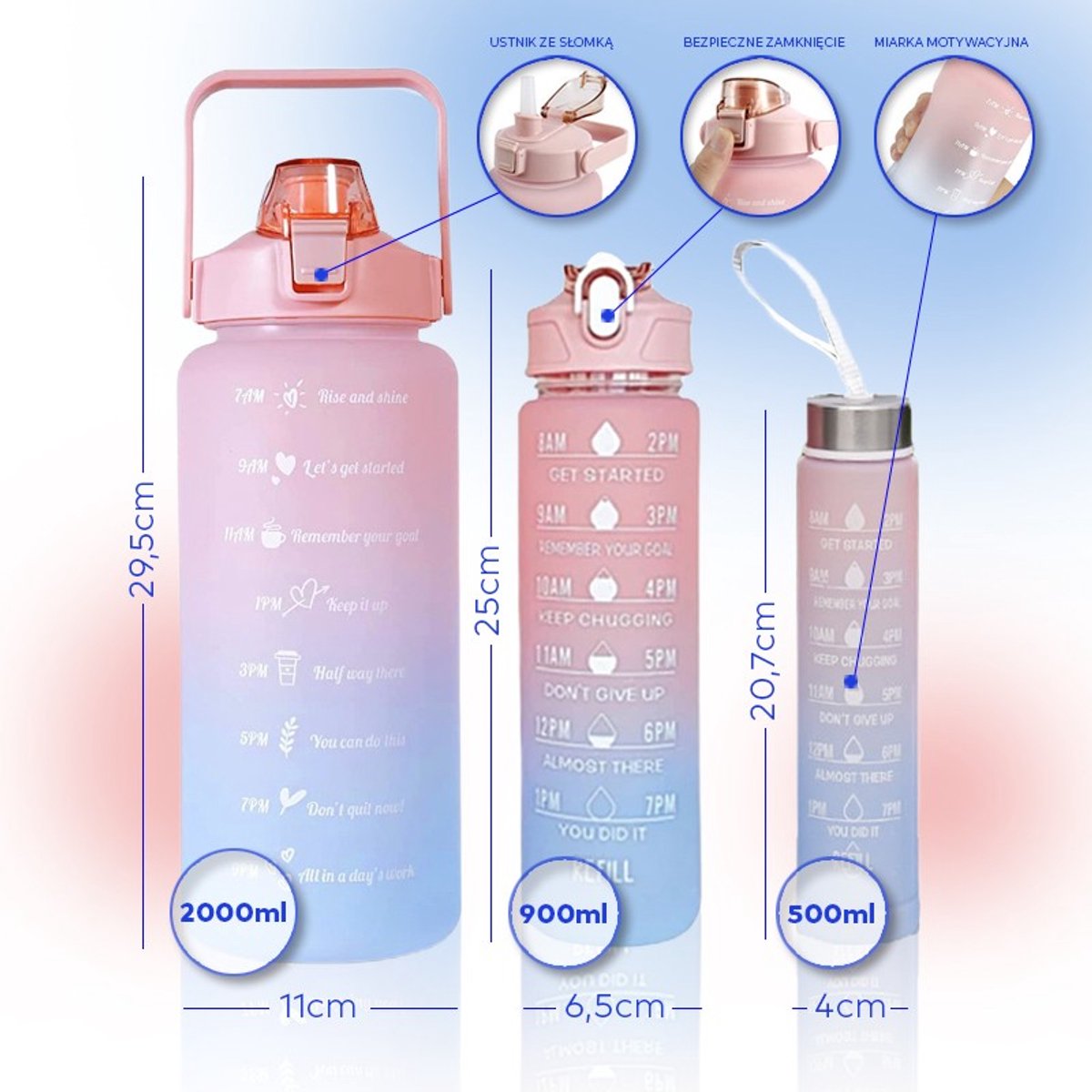 Hauskraft Motivational Water Bottle - 3-Piece Set - Pink/Blue - Drinking Bottle - Water Bottle with Straw - Water Bottle with Time Marker - 2L, 900ml, 500ml