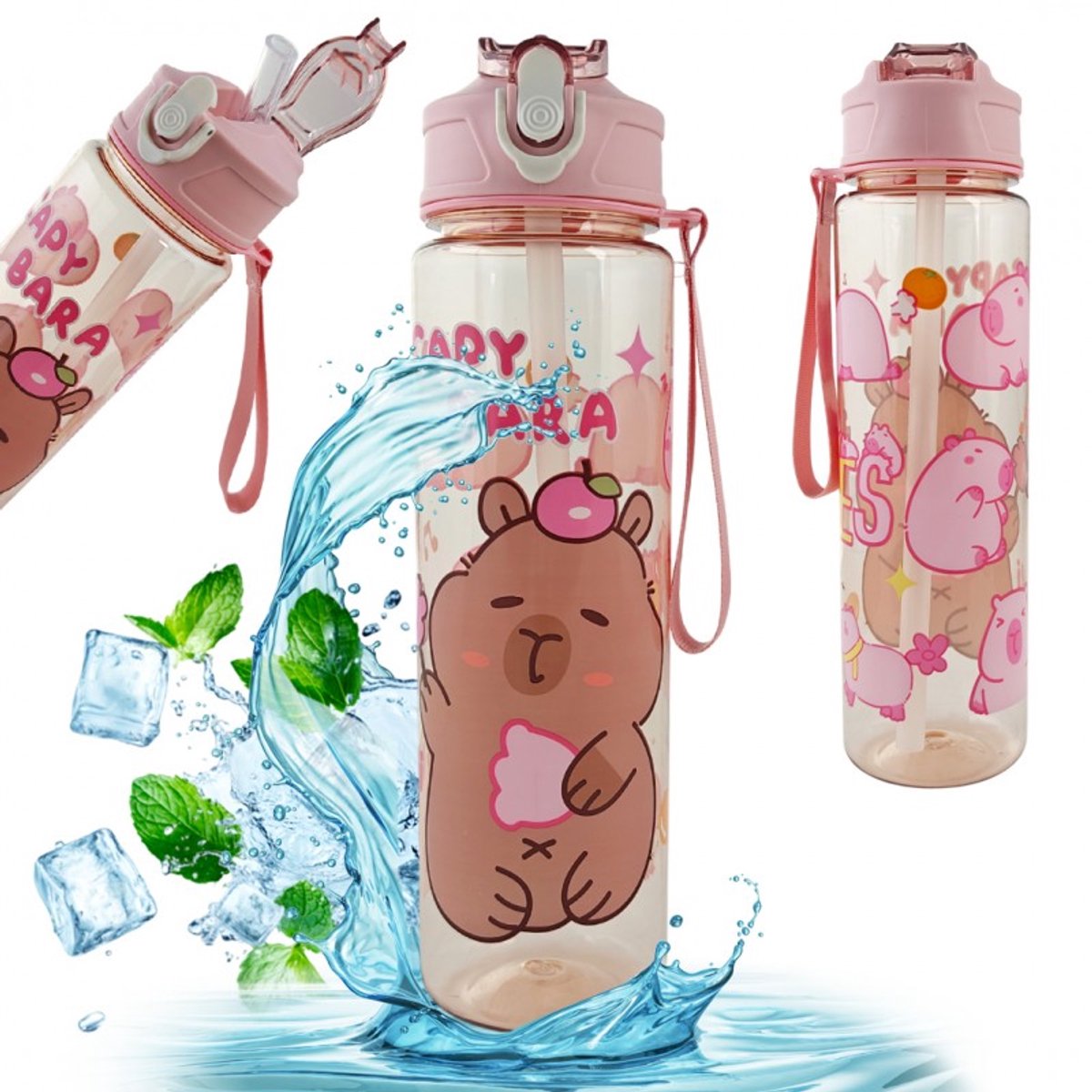 Hauskraft Waterfles Capybara - 800ml - Roze - Drinkfles - Waterfles met Rietje