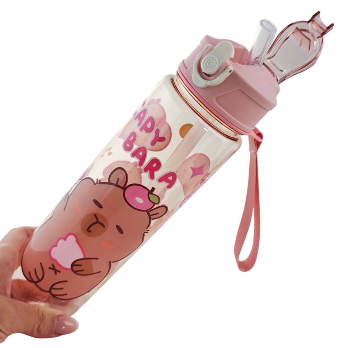 Hauskraft Waterfles Capybara - 800ml - Roze - Drinkfles - Waterfles met Rietje