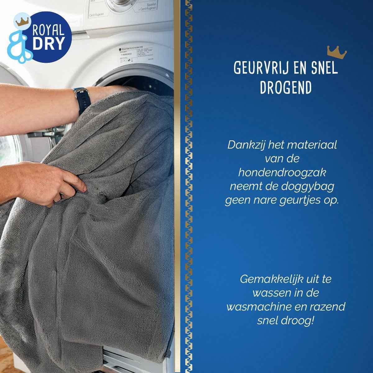 Royal Dry Doggybag L - Microvezel Hondendroogzak - Ruglengte 75 cm - Hondenbadjas - Honden handdoek - Grijs