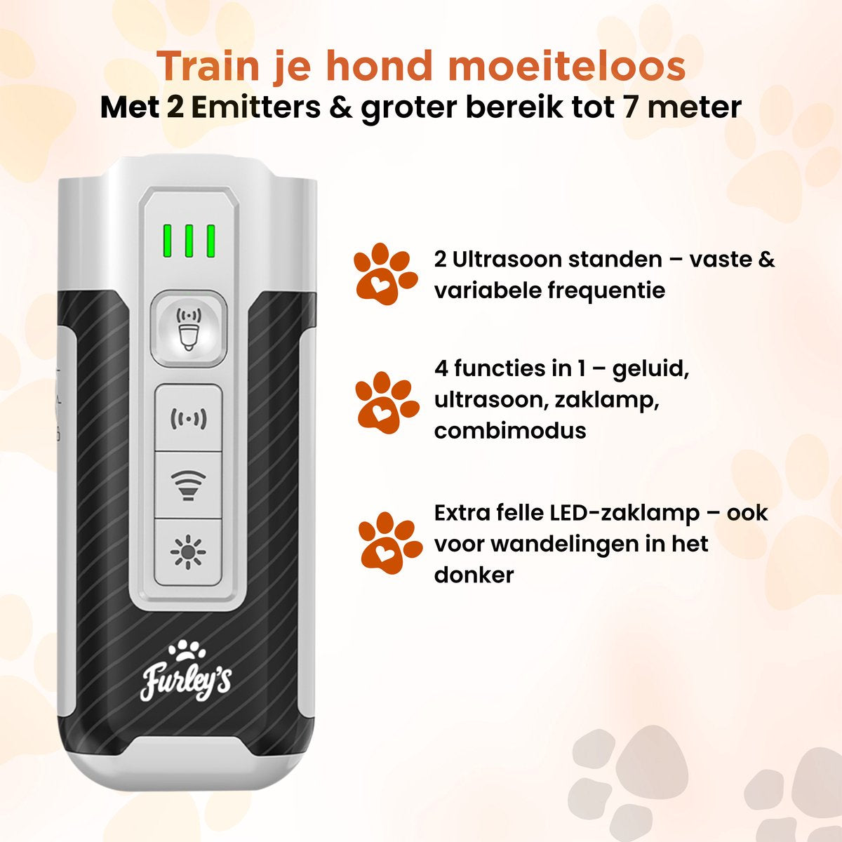 Furley’s Anti Blaf Apparaat – Diervriendelijk Alternatief voor Anti Blafband – 4-in-1 Ultrasoon Hondentrainer – Zonder Schok – Geluid, Ultrasoon & LED – USB-C Oplaadbaar – Voor Kleine & Grote Honden – Bereik 7m – Grijs