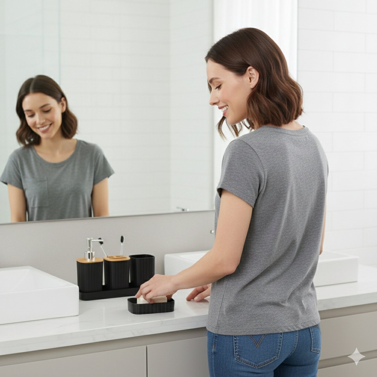 Cheffinger Badkameraccessoireset - 5-delig - Zwart - Zeepdispenser - Tandenborstelbeker - Zeepbakje - Beker - Houder