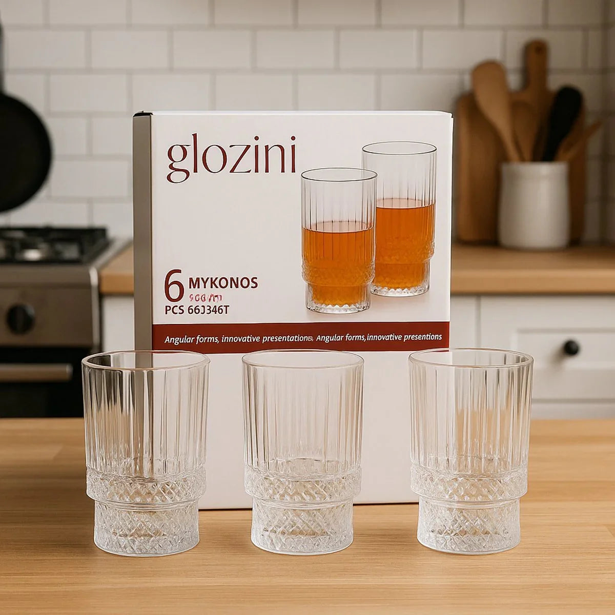 Glozini Mykonos – Gerippte Longdrinkgläser – 330 ml – 6er-Set – Cocktailgläser – Eiskaffeegläser – Trinkgläser