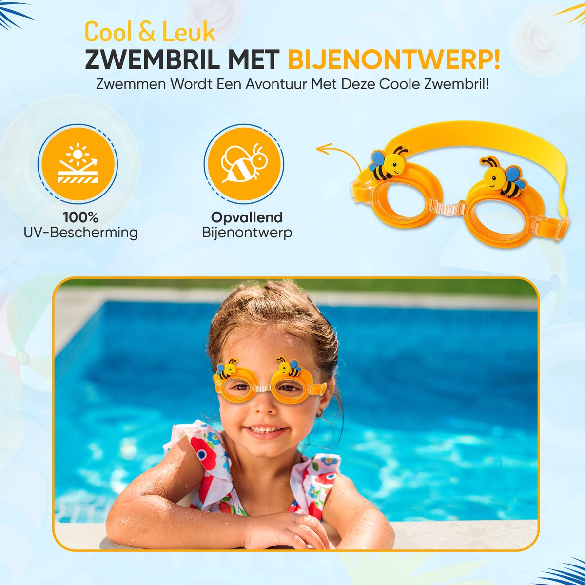 Furley’s Zwembril Kind Bij – Kinder Duikbril met Anti-condens & UV-bescherming – Zwemmasker voor Kinderen 3-8 jaar