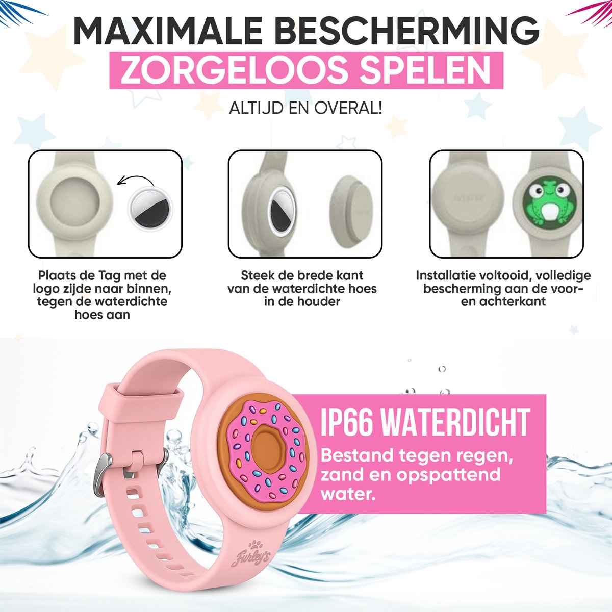 Furley’s Waterdichte Armband voor Kinderen – Geschikt voor Apple AirTag – Verstelbare Siliconen Band – Veilig & Comfortabel – Roze Donut