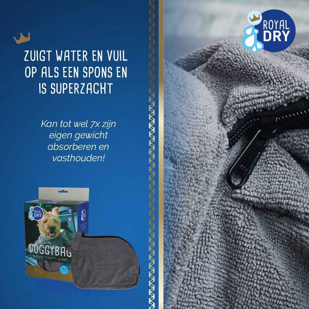 Royal Dry Doggybag L - Microvezel Hondendroogzak - Ruglengte 75 cm - Hondenbadjas - Honden handdoek - Grijs