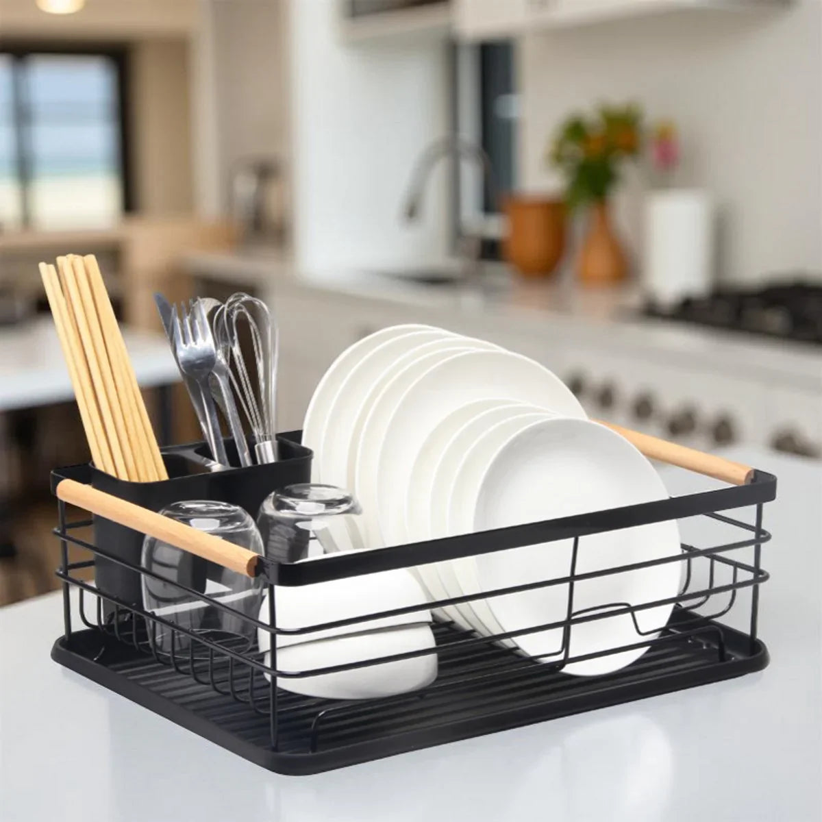 Cheffinger Dish Draining Rack with Drip Tray - Black - Dish Draining Rack Drying Rack with Cutlery Basket