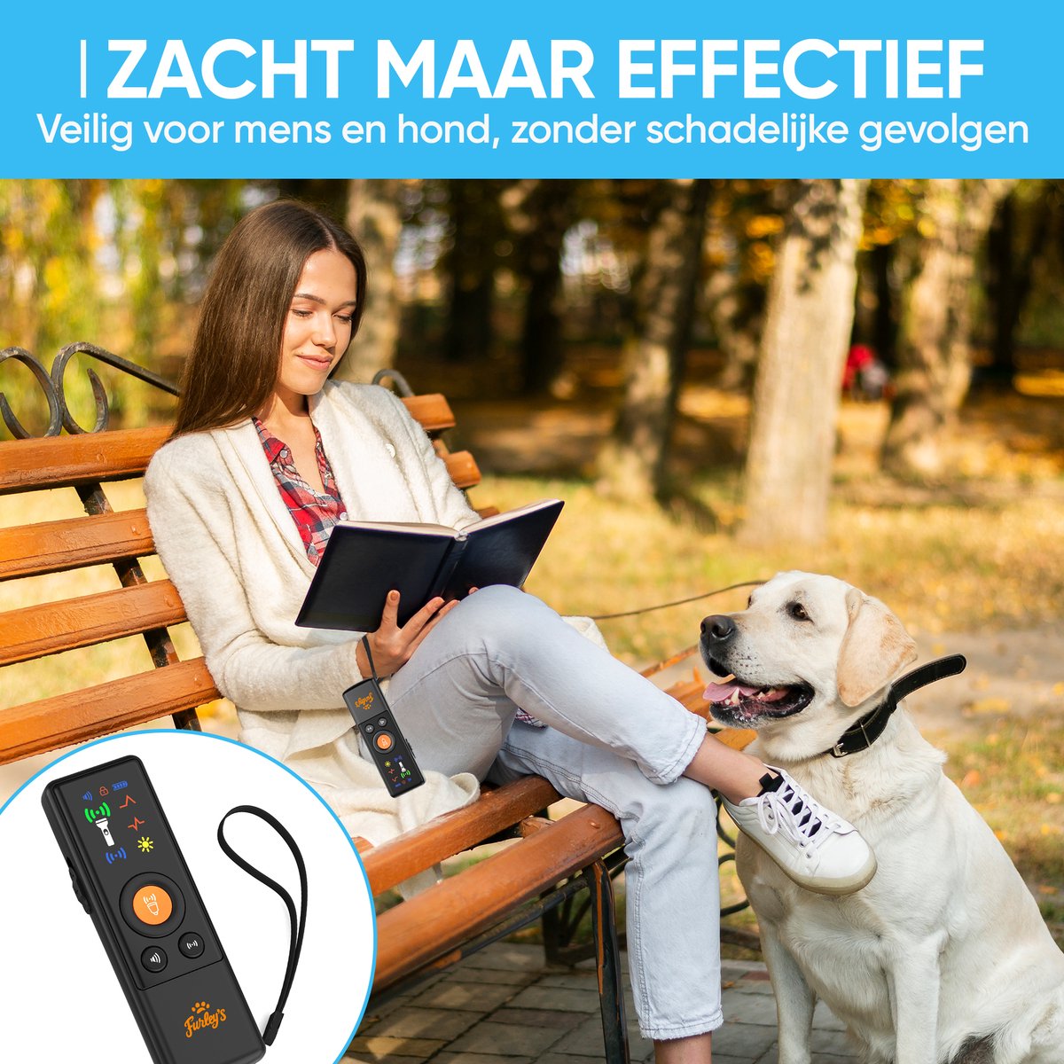 Furley’s Anti Blaf Apparaat PRO – Diervriendelijke Hondentrainer zonder Schok – 4-in-1 Ultrasoon, Geluid & LED – USB-C Oplaadbaar – Voor Kleine & Grote Honden – Bereik 7m – Incl. E-book – Zwart