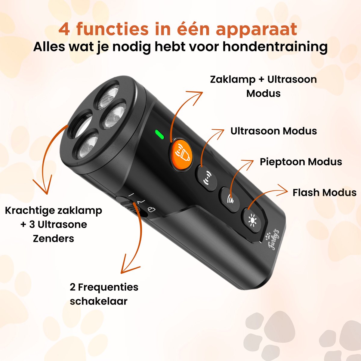 Furley’s Anti Blaf Apparaat – Diervriendelijke Hondentrainer Zonder Schok – 3 Zenders - 4-in-1 Ultrasoon, Geluid, LED & Zaklamp – USB-C Oplaadbaar – Bereik 7m – Voor Kleine & Grote Honden – Zwart