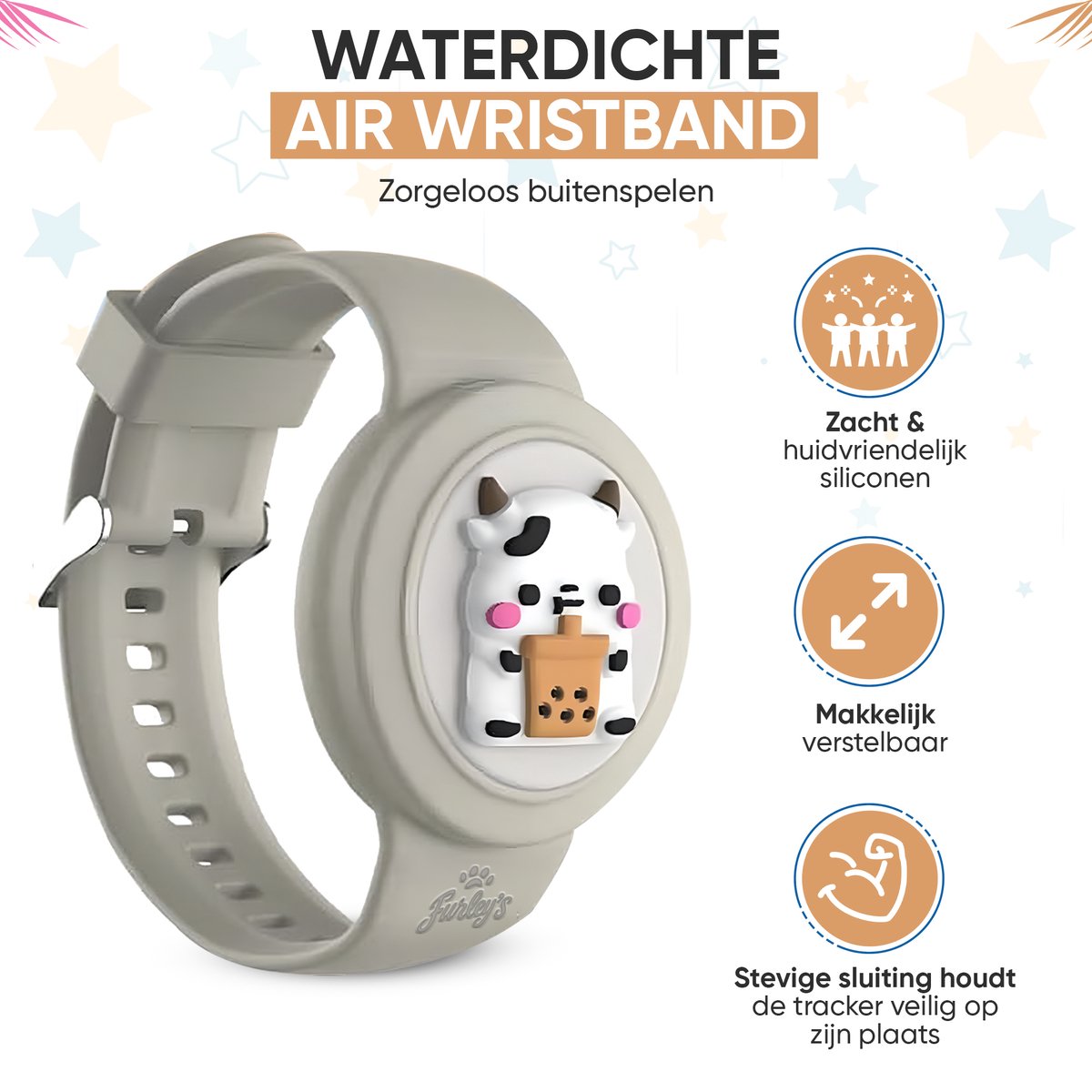 Furley’s Waterdichte Armband voor Kinderen – Geschikt voor Apple AirTag – Verstelbare Siliconen Band – Veilig & Comfortabel – Grijze Koe