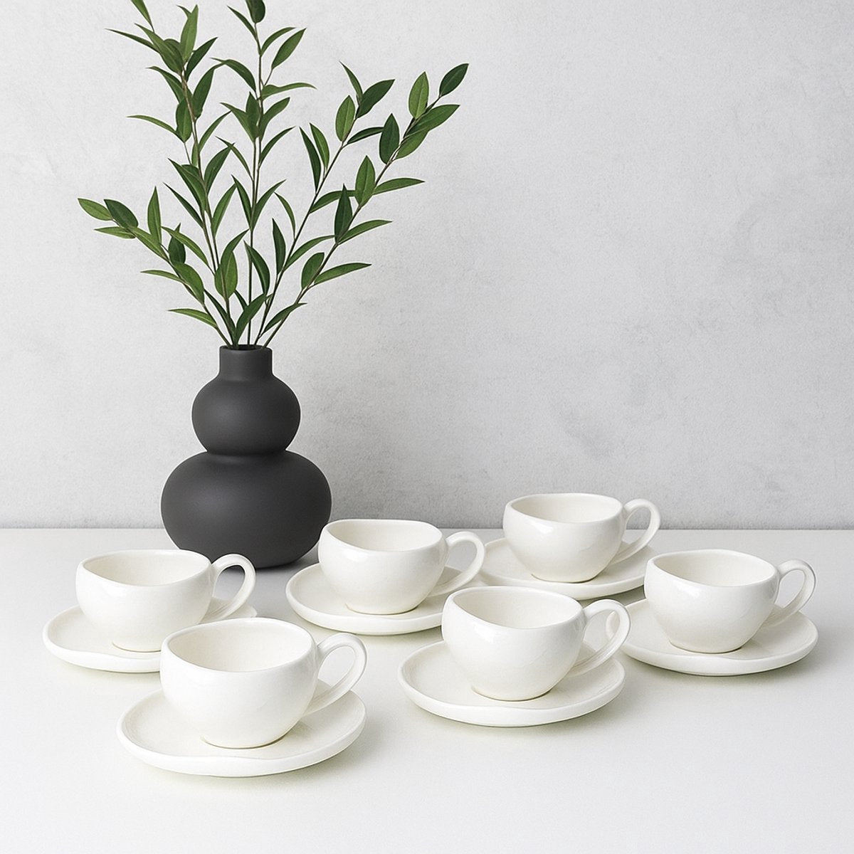 Almina Wave Biscuit - Espressoset - 12-delig - Wit - 120ml - Porselein - Koffiekopjes